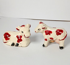 Vintage Japan Ceramic Cow Salt and Pepper Shakers Set Red Spotted Holsteins MCM  picture