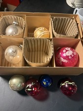 Vtg 50s Christmas Ornament Lot Hand Painted Stenciled Micah Snow Covered picture