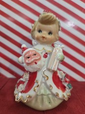Vintage Lefton Christmas Angel Figurine Bell w/Santa Face & Present, Japan Read picture