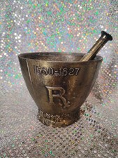 Large Vintage Solid Brass PESTLE & MORTAR * Louis Hebert RX Crush Herbs Pills picture