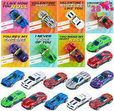28pk Valentines Cards w Die-Cast Racing Cars Kids Classroom Party Favors Gift picture