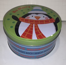 Seasonal Packaging Holiday Christmas Penguin Cookie Tin 6” Round New picture