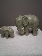 Vintage Mother/Baby Green Celagon Elephant Sculptures picture