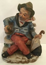 Vintage Old Traveler Wanderer Vagabond Sitting On Park Bench Umbrella Porcelain picture