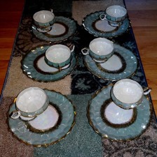 RARE Royal Halsey Teal Bone China 6 Tea Cup 6 lunch plates Geometric Luster picture