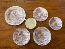 Vtg HM Sutherland England Purple RURAL SCENES Set of 6: Cup & Saucer, 4 Plates picture