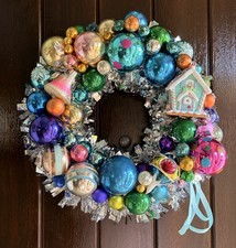 12” Kitschy Retro Inspired Vintage Holiday Ornament Wreath  picture