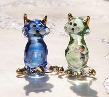 pair of cute Cat kitty figurine hand blown Glass art gold trim  1.5