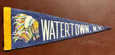VINTAGE WATERTOWN NEW YORK PENNANT SOUVENIR BANNER 1950s INDIAN CHIEF HEAD picture