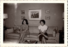 Vintage 1950s Black & White Photo Two Young Women Sitting on Sofa Candid picture