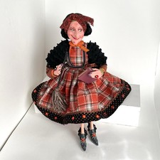 Whimsical Halloween Witch Gypsy Plaid Dress Doll Pose-able Book Broom 23” picture