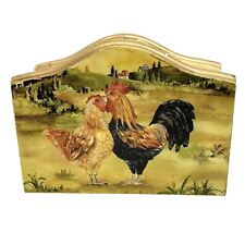 Wood Napkin Holder Rooster Chicken Picture Farm Gold Trim Paper Mail Holder picture