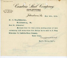 1911 Cambria Steel Company Letterhead Johnstown PA Mining Dept J King McLanahan picture
