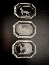 Vintage Etched Glass Ashtrays Set of 3 German Shepherd Dog Intaglio Engraved picture