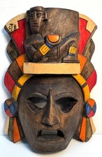 Vintage Mayan Aztec Hand Carved Hand Painted Hanging Wall Mask picture