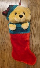 Vintage Teddy Bear Christmas Stocking Plush 3D Red Green Plaid picture