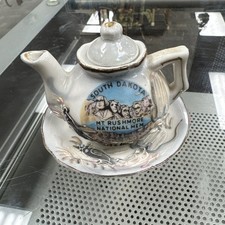 Vtg Mt Rushmore National Memorial Souvenir Tea Pot 4” Tall w/Lid & Saucer SD picture