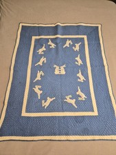 Vintage Handmade Applique rabbit Baby Quilt Crib Blanket Blue  Antique picture