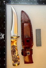 Schrade Uncle Henry 153UH Golden Spike Hunting Knife Sheath Sharpening Stone picture