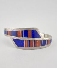 Ray Tracey Knifewing Navajo Sterling Silver Coral & Lapis Flush Cuff Bracelet picture
