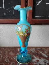 Antique Blue White Cased Art Glass Vase Gold Basket Raised Flowers Fenton ?? picture