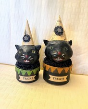 2004 Nicol Sayre Halloween Black Cat Tricks & Treats Box Pair Midwest Folk Art picture