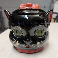 Vintage SHAFFORD Black Cat COOKIE JAR Green Eyes Redware Pottery Japan 1950’s picture