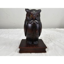 Vintage Hand Carved Wood Owl on Book Figurine Arosa Switzerland Souvenir Brown picture