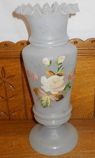 Old / Vintage Floral Painted Bristol Glass Vase - 12 1/2