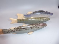 TRIO OF HANDCRAFTED CERAMIC POTTERY GLAZED SPOTTED TROUT FISH  FIGURINES picture