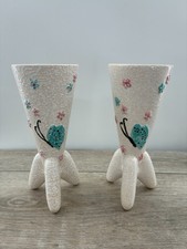 Vintage Hull Blue Pink Butterfly Floral Footed Vases MCM Pair Set 9 Inch Cream picture