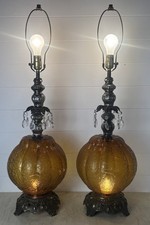Pair Vintage Table Lamps Amber Glass Bottom Globe MCM Retro Prisms Glam 34.5