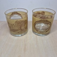 Vintage Currier & Ives Houze Art Glass Rocks Glasses Summer Fall Set of 2 picture