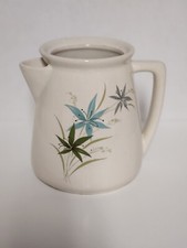 Vtg Pottery Pitcher, White with Blue & Green Flowers, Milk Water Jug Vase, Used picture