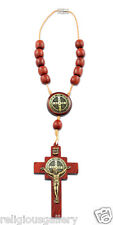 Saint Benedict Cross Car Rearview Mirror Protection Rosary, Cherry Wood Beads picture