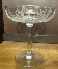 Stemmed Compote Candy Dish Martini Glass Etched Tulip Floral Clear Glass 6.75” picture