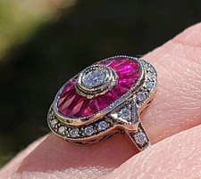 Art Deco Vintage Lab Created Diamond & Ruby Wedding 14K White Gold Plated Ring picture