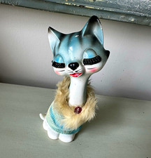 Vintage brinns furry collar eyelashes kitschy cat figurine Japan  picture