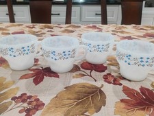 Vintage Termocrisa Milk Glass Coffee Mugs Blue Floral Setof4 Made in Mexico MCM picture