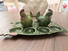 Vintage Arrow Japan Chicken Deviled Egg Plate Salt Pepper Shakers Green 3 Pc picture