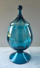 Vintage Teal Blue Circus Tent Lid Candy Dish Jar... Ribbed...Very Nice picture