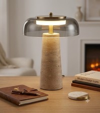 Natural Travertine Table Lamp With Smoked Glass Shade .Modern Bedside Lamp picture