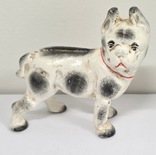 Vintage Cast Iron Boston Terrier Bulldog Dog Still Coin Bank Red Collar picture