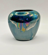 Nielsen’s Drip Glaze Iridescent Vase 6 inch Oil Slick Multicolor Peacock Line picture