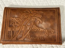 Mid-Century Hand-Tooled Leather Souvenir Wallet Hawaiian Island Motiff -Morocco picture