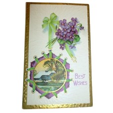 Antique Embossed Postcard Best Wishes Violets Winter Snow Scene Gilt Border 1907 picture