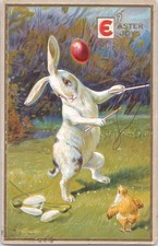 Postcard Easter Bunny Dancing Easter Egg Chick Very Cute  100 yrs Old *8 picture