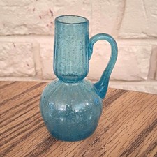 MCM Blue Blown Bubble Glass Mini Pitcher Vase Optic Ribbed Applied Handle 3.75