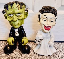 Halloween Frankenstein & Bride Stylized 8” Figurine Decor Set Skull & Bones picture