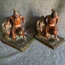 Vintage Native American Scout Cast Metal Polychrome Bookends Pair Bronze Tone picture